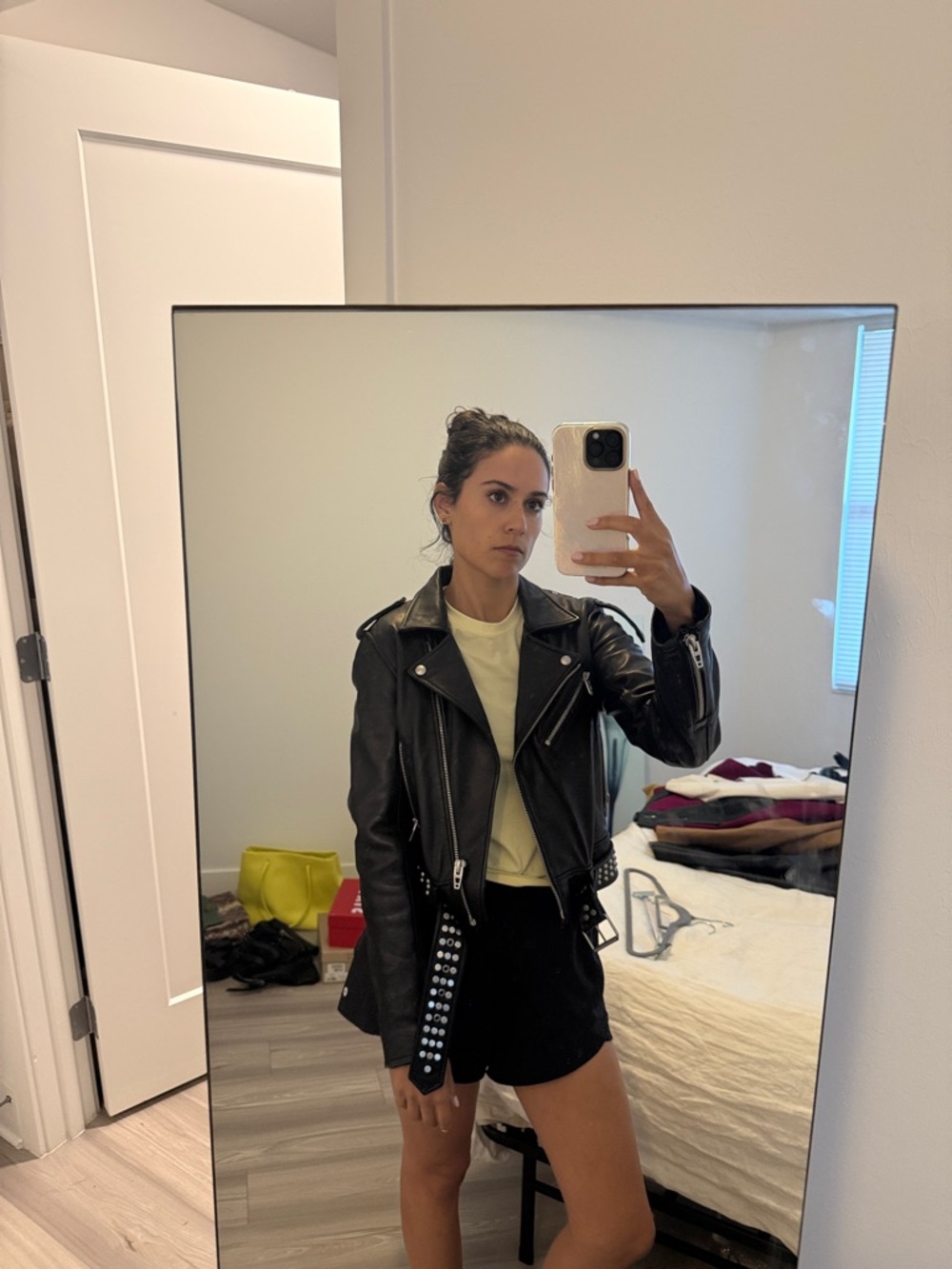 Edgy / sexy Blank NYC Black Leather Moto Jacket with Silver Hardware